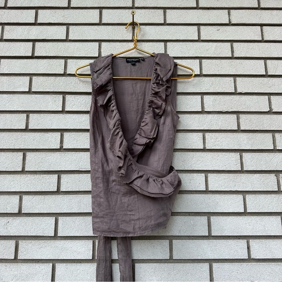 Repeat Ruffle Wrap Sleeveless Top XS Taupe Ramie Tie Waist Blouse Boho Chic - Picture 1 of 9